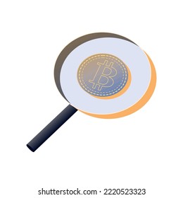 cryptocurrency bitcoin in magnifier icon isolated