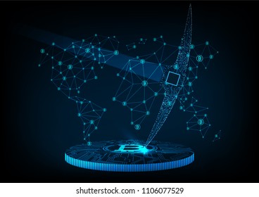 Cryptocurrency and bitcoin mine with  mattock digital on coins.Technology worldwide network .Abstract futuristic digital money concept.