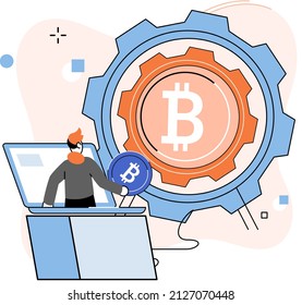 Metáfora de minería de bitcoin de criptodivisa, plataforma de intercambio Blockchain. Procedimientos de banca cibernética, operaciones de bitcoin, cartera. Transacciones de divisas. Divisa digital, mercado de criptodivisa, minería oculta