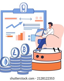 Metáfora de minería de bitcoin de criptodivisa, plataforma de intercambio Blockchain. Procedimientos de banca cibernética, operaciones de bitcoin, cartera. Transacciones de divisas. Divisa digital, mercado de criptodivisa, minería oculta