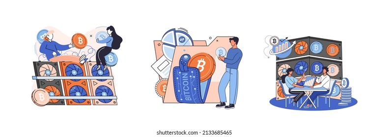 Metáfora de minería de bitcoin de criptodivisa, plataforma de intercambio Blockchain. Procedimientos de banca cibernética, operaciones de bitcoin, cartera. Transacciones de divisas. Divisa digital, mercado de criptodivisa, minería oculta