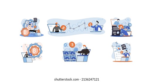 Metáfora de minería de bitcoin de criptodivisa, plataforma de intercambio Blockchain. Procedimientos de banca cibernética, operaciones de bitcoin, cartera. Transacciones de divisas. Divisa digital, mercado de criptodivisa, minería oculta
