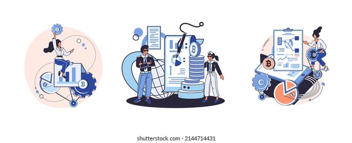 Metáfora de minería de bitcoin de criptodivisa, plataforma de intercambio Blockchain. Procedimientos de banca cibernética, operaciones de bitcoin, cartera. Transacciones de divisas. Divisa digital, mercado de criptodivisa, minería oculta