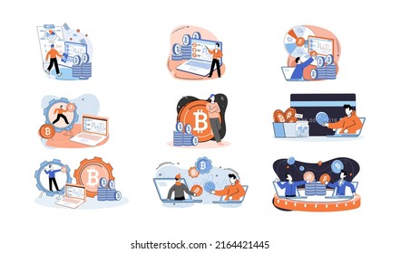 Metáfora de minería de bitcoin de criptodivisa, plataforma de intercambio Blockchain. Procedimientos de banca cibernética, operaciones de bitcoin, cartera. Transacciones de divisas. Divisa digital, mercado de criptodivisa, minería oculta