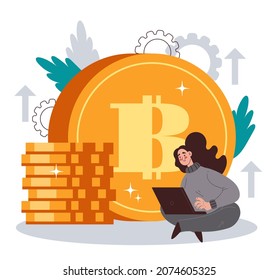 Cryptocurrency bitcoin mining online internet investment finance exchange concept. Vector flat cartoon design illustration
