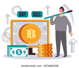 Cryptocurrency bitcoin mining online internet investment finance exchange concept. Vector flat cartoon design illustration