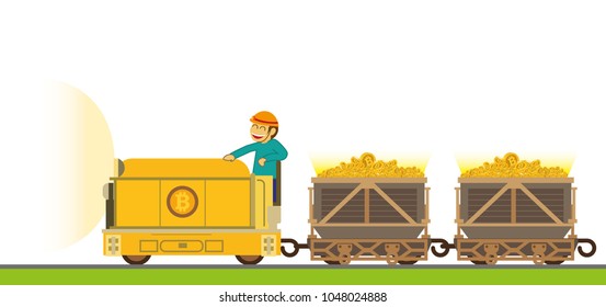 Cryptocurrency bitcoin mining proceeds are transported by train wagon by a miner vector illustration