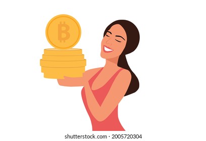 Cryptocurrency and bitcoin money concept, beautiful woman holding bitcoin, financial and investment in digital asset, vector illustration