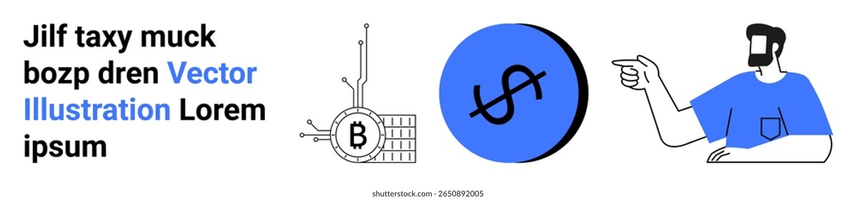 Elemento de rede bitcoin criptomoeda, sinal de dólar no círculo azul, e homem barbudo apontando. Ideal para blogs fintech, carteiras digitais, guias de usuário, aplicativos financeiros, sites de investimento, blockchain