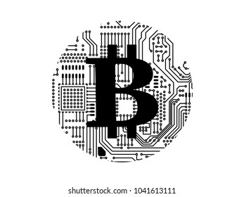 Cryptocurrency bitcoin  on circuit board black and white vector