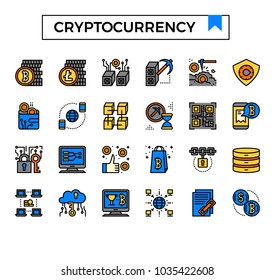 Cryptocurrency and bitcoin outline design icon sets filled with color.