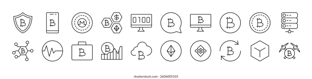 Cryptocurrency and Bitcoin Related Image Collection. Editable Stroke. Perfect for Infographics, Articles, Books, Flyers, Banners