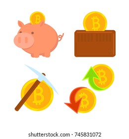 Cryptocurrency Bitcoin set. The gold coin extraction, mining. Virtual money. Bitcoin in wallet. Bitcoin in piggy bank. Vector icon. Buy and sell virtual money.