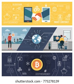 Cryptocurrency, bitcoin, smart contracts and money transfer concepts, banner set Cryptocurrency, bitcoin, smart contracts and money transfer concepts, banner set