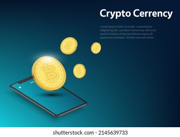 Cryptocurrency Bitcoin with Smartphone, blockchain technology, money market, finance, vector illustration.