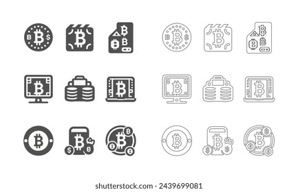 Conjunto de iconos de esquema y sólido de bitcoin de criptomoneda