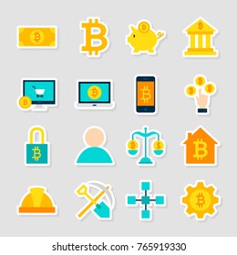 Cryptocurrency Bitcoin Stickers. Vector Illustration Flat Style. Collection of Financial Symbols.