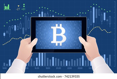 Crypto-Currency Of Bitcoin - Stock Exchange Trading Via Mobile App. Graphic illustration on the subject of 'Crypto-Currencies Stock Exchange'.