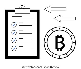 Cryptocurrency Bitcoin symbol next to a checklist clipboard with checkmarks, two arrows indicating transaction direction. Ideal for finance, cryptocurrency trading, digital transactions, technology