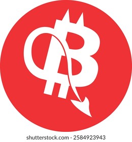 Cryptocurrency bitcoin with a tail. Devil style with horns