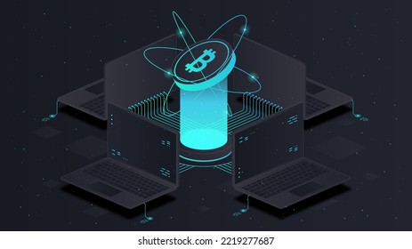 Cryptocurrency bitcoin trading. Financial literacy and passive income. Trading and investing, blockchain technology. Earnings on Internet, mining and digital world. Isometric vector illustration