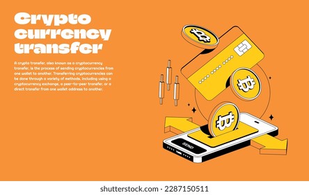 Cryptocurrency bitcoin transfer in isometric style. Online payment with candlestick. Crypto to card. Vector