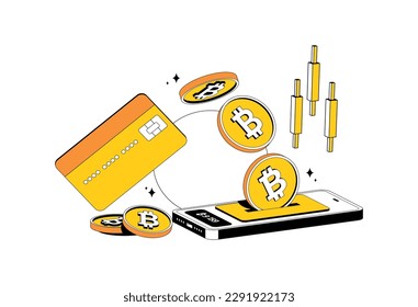 Cryptocurrency bitcoin transfer in isometric style. Online payment with candlestick and card. Crypto to card. Vector