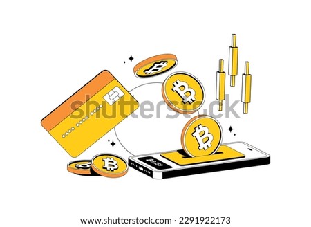 Cryptocurrency bitcoin transfer in isometric style. Online payment with candlestick and card. Crypto to card. Vector