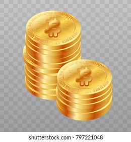 Cryptocurrency bitcoins isolated on transparent background.