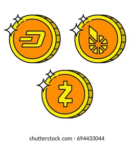 Cryptocurrency black outline gold icons dash, bitshares, zcash
