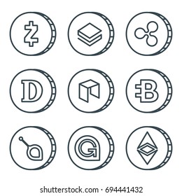Cryptocurrency black outline icon set isolated