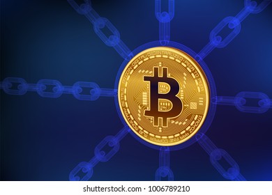 Cryptocurrency. Blockchain. 3D isometric Physical bitcoin with wireframe chain. Block chain concept. Editable template. Stock vector illustration
