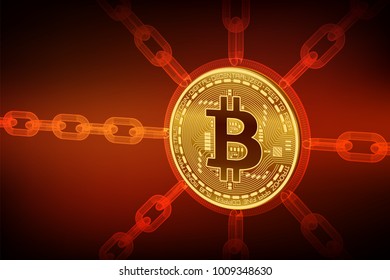 Cryptocurrency. Blockchain. 3D isometric Physical bitcoin with wireframe chain. Block chain concept. Editable template. Stock vector illustration