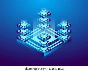 Cryptocurrency and blockchain, abstract isometric 3D illustration. Cryptocurrency mining farm, vector technology background.