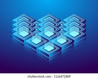 Cryptocurrency and blockchain, abstract isometric 3D illustration. Cryptocurrency mining farm, vector technology background.