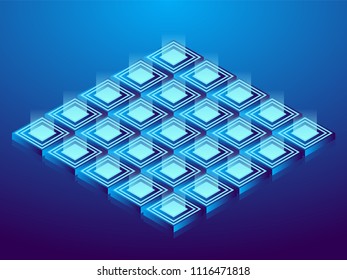 Cryptocurrency and blockchain, abstract isometric 3D illustration. Cryptocurrency mining farm, vector technology background.