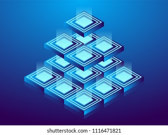 Cryptocurrency and blockchain, abstract isometric 3D illustration. Cryptocurrency mining farm, vector technology background.