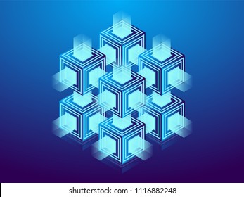 Cryptocurrency and blockchain, abstract isometric 3D illustration. Cryptocurrency mining farm, vector technology background.