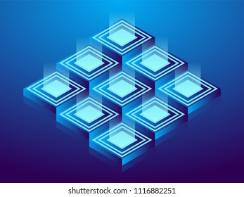 Cryptocurrency and blockchain, abstract isometric 3D illustration. Cryptocurrency mining farm, vector technology background.