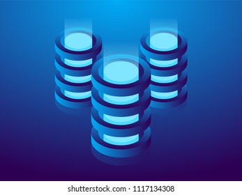 Cryptocurrency and blockchain, abstract isometric 3D illustration. Cryptocurrency mining farm, vector technology background.