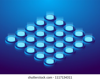 Cryptocurrency and blockchain, abstract isometric 3D illustration. Cryptocurrency mining farm, vector technology background.