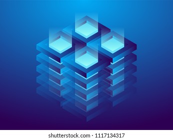 Cryptocurrency and blockchain, abstract isometric 3D illustration. Cryptocurrency mining farm, vector technology background.