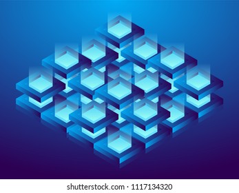 Cryptocurrency and blockchain, abstract isometric 3D illustration. Cryptocurrency mining farm, vector technology background.