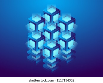 Cryptocurrency and blockchain, abstract isometric 3D illustration. Cryptocurrency mining farm, vector technology background.