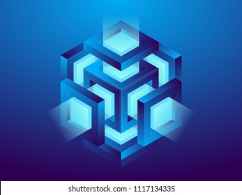 Cryptocurrency and blockchain, abstract isometric 3D illustration. Cryptocurrency mining farm, vector technology background.