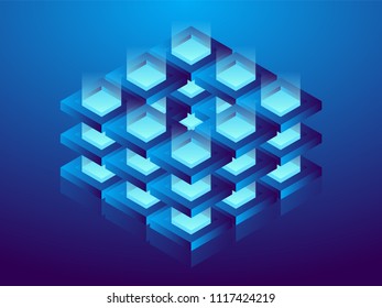 Cryptocurrency and blockchain, abstract isometric 3D illustration. Cryptocurrency mining farm, vector technology background.