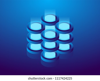 Cryptocurrency and blockchain, abstract isometric 3D illustration. Cryptocurrency mining farm, vector technology background.