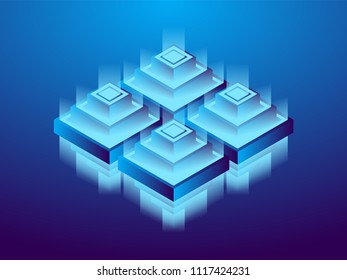 Cryptocurrency and blockchain, abstract isometric 3D illustration. Cryptocurrency mining farm, vector technology background.