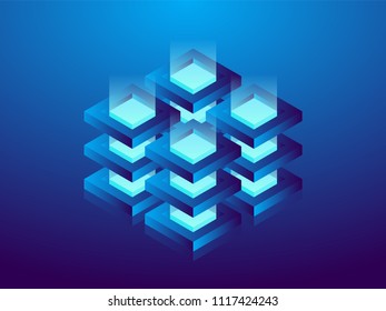 Criptomoneda y cadena de bloqueo, ilustración abstracta isométrica 3D. Granja minera de criptomoneda, fondo de tecnología vectorial.