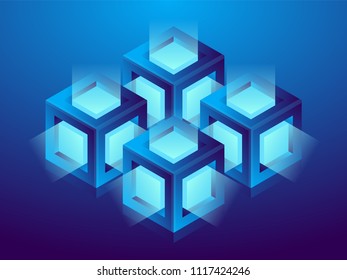 Cryptocurrency and blockchain, abstract isometric 3D illustration. Cryptocurrency mining farm, vector technology background.